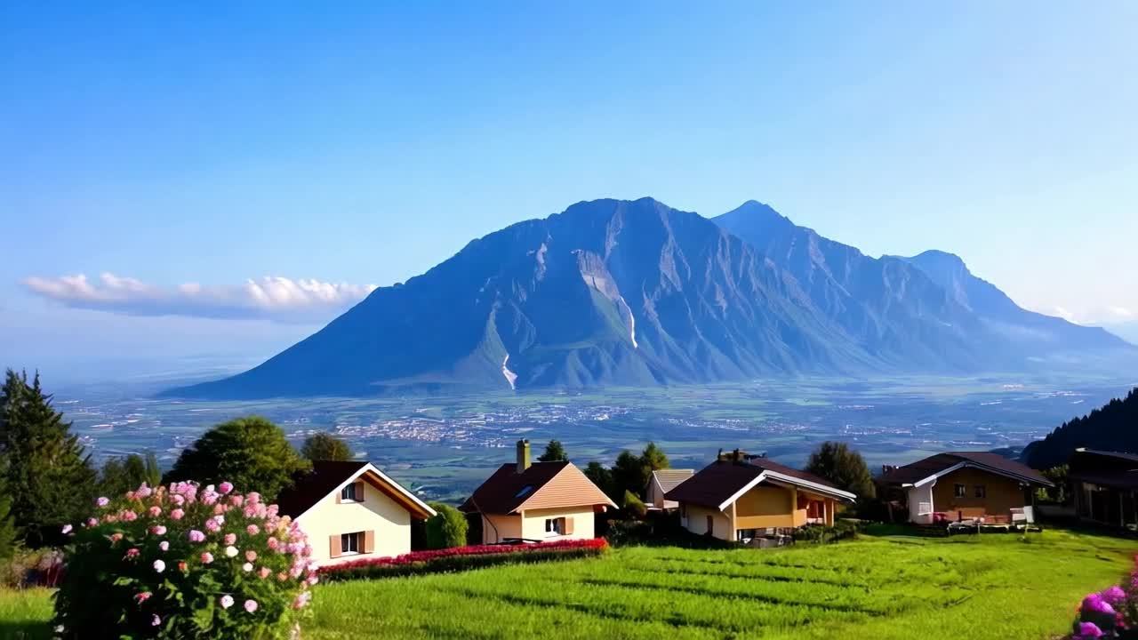 远处是连绵起伏的雄伟山脉，天空湛蓝。近处，一些小房