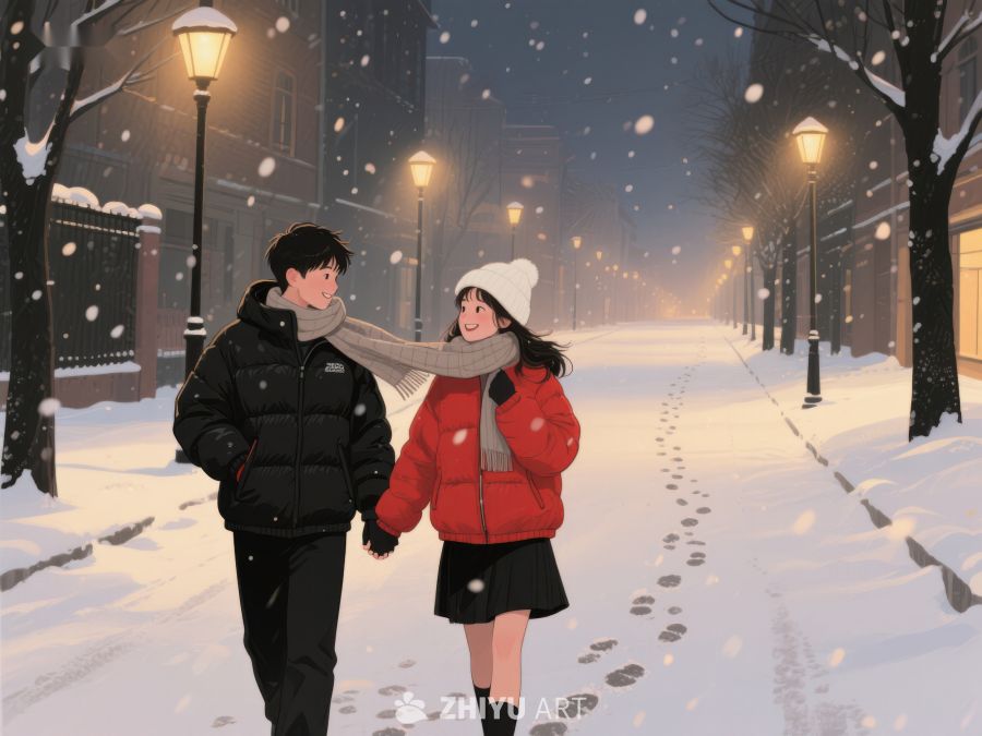冬夜漫步：情侣雪中并肩前行 144