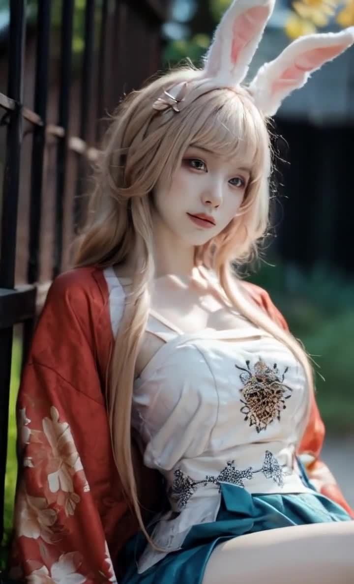 兔耳少女木栅栏前，红衣白裙古典唯美侧颜