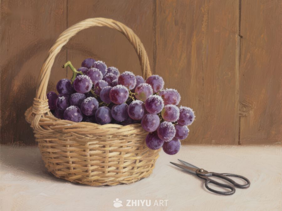 篮中紫葡萄与剪刀静物画 195