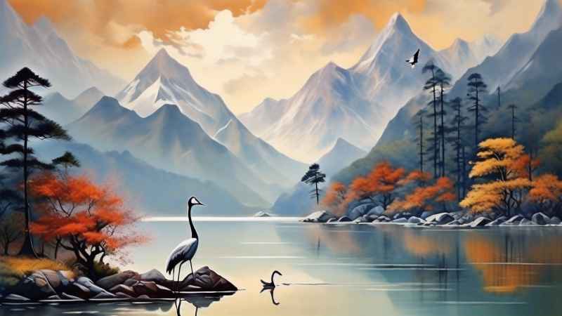 国风山水鹤插画背景 45
