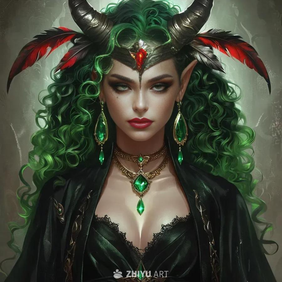 一位女性形象，拥有白皙的皮肤和绿色的卷发。她身穿黑
