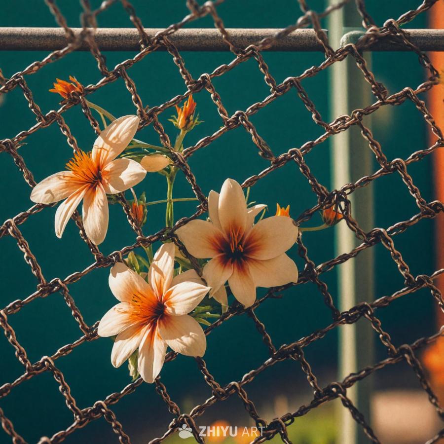 铁丝网上挂着几朵花，其中一朵是白色的花瓣，橙色的花