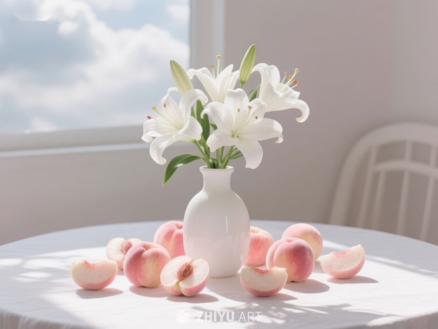 白花与桃子的静谧组合 2