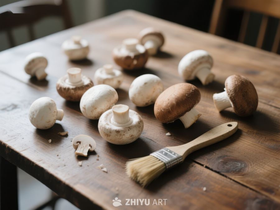 蘑菇与刷子置于木质桌面 198