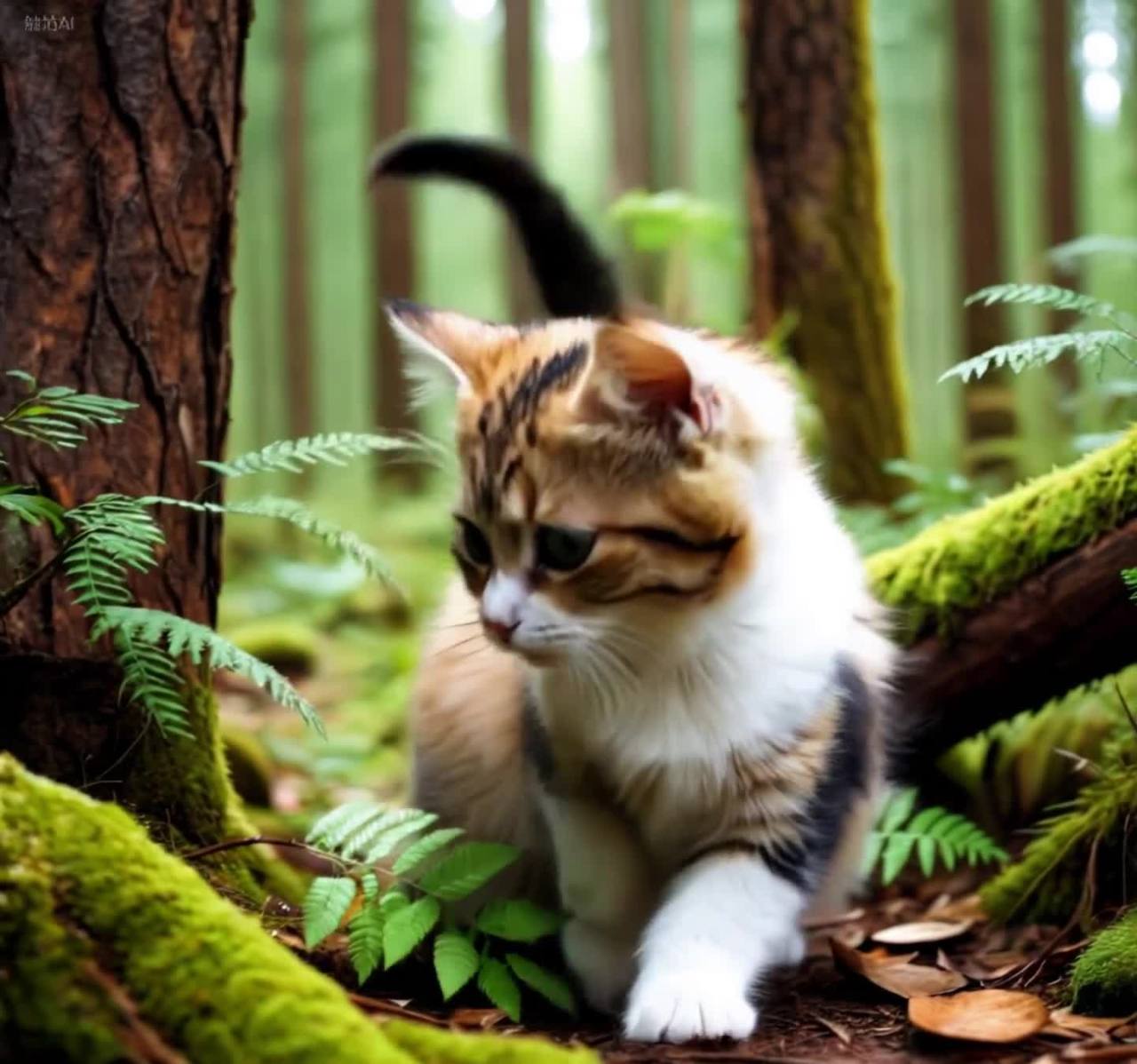 森林绿眼睛虎斑猫坐在苔藓地面上