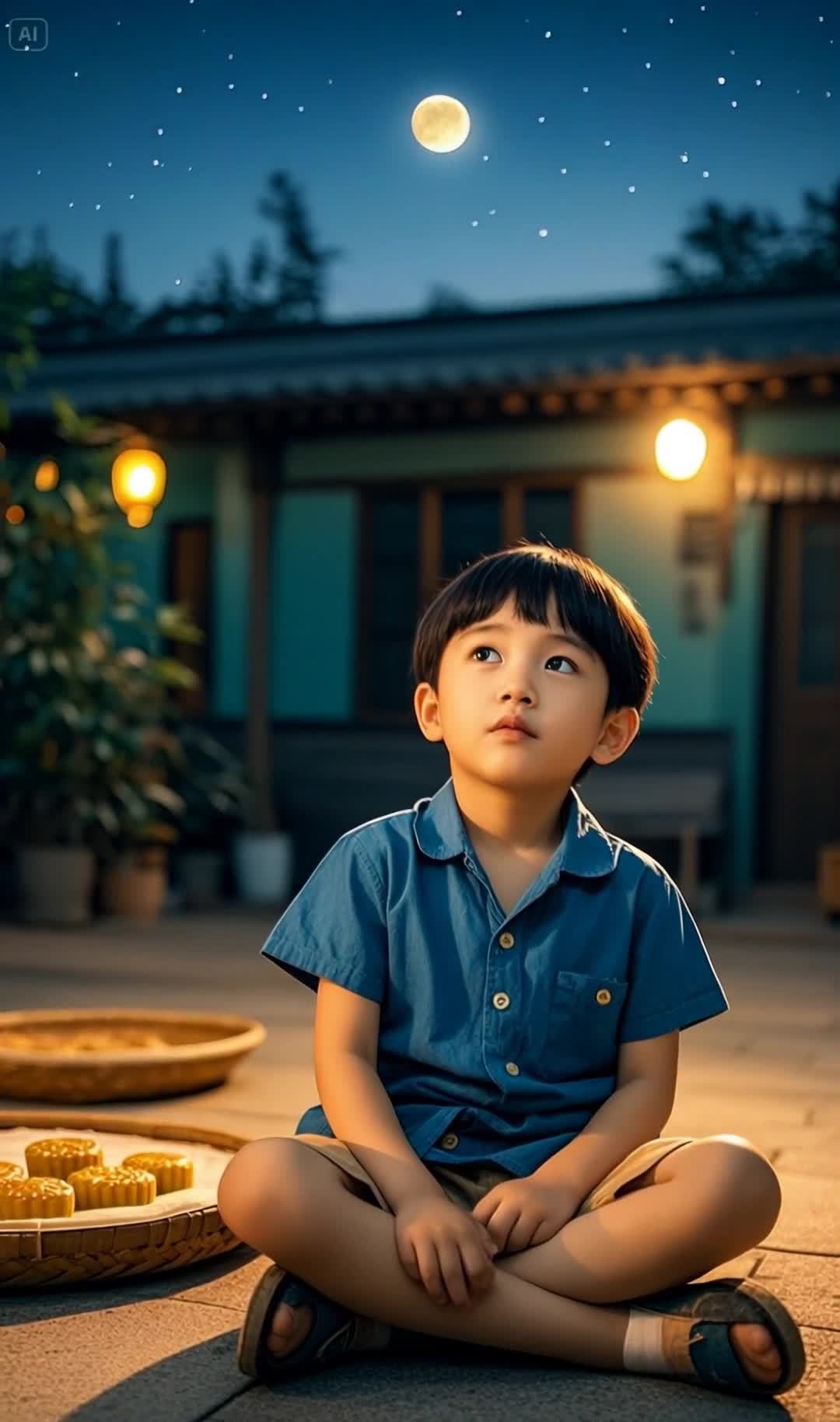 中秋夜，男孩凝望明月，与月饼相伴。