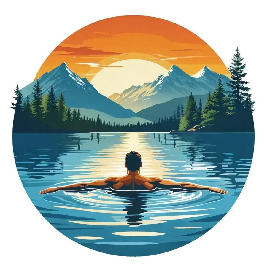 一个男子在湖中游泳，湖面平静，有水波纹。男子背对观
