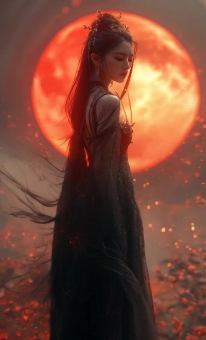 红月之下黑裙女子侧身回眸