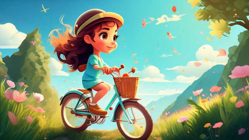 卡通可爱的女孩骑自行车梦幻般的意象 29