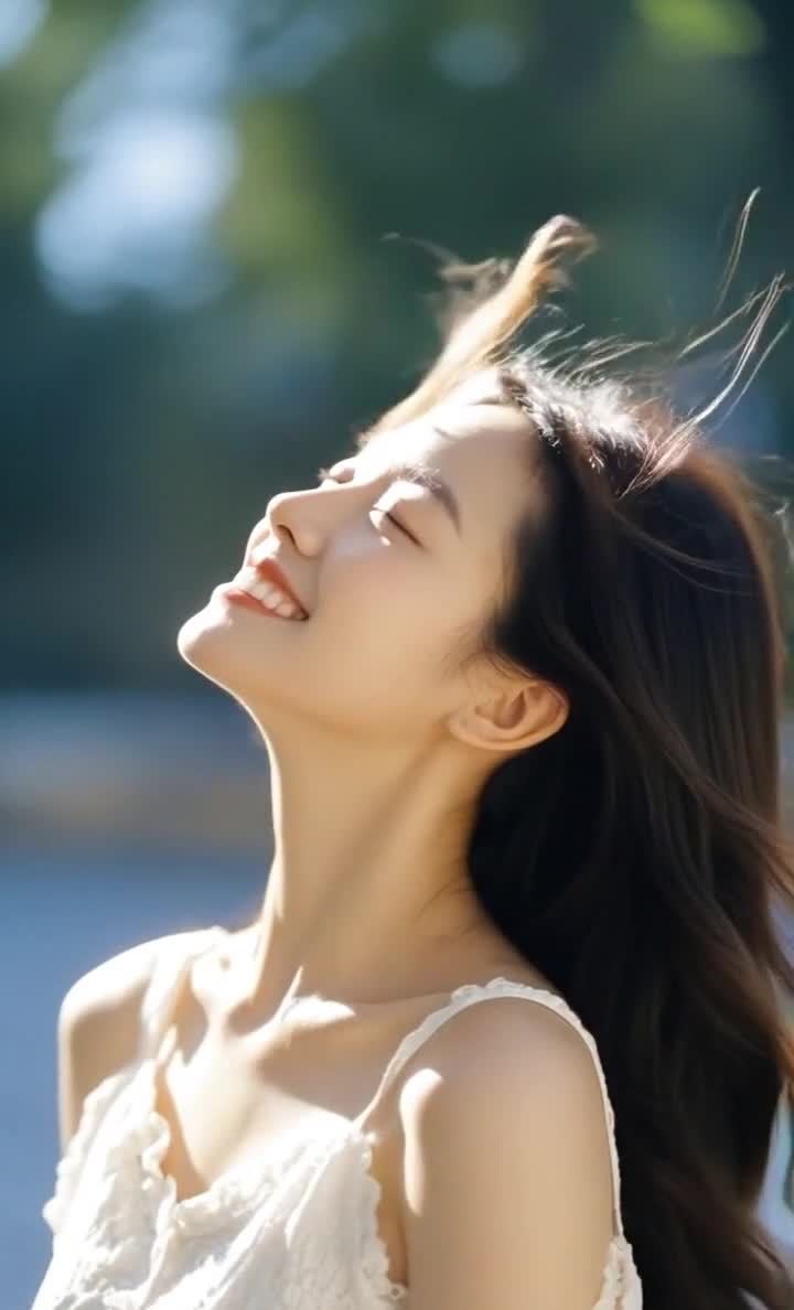 棕发女子蕾丝吊带衫享受阳光