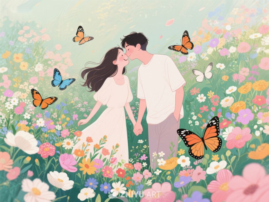 花海中亲吻的情侣 353