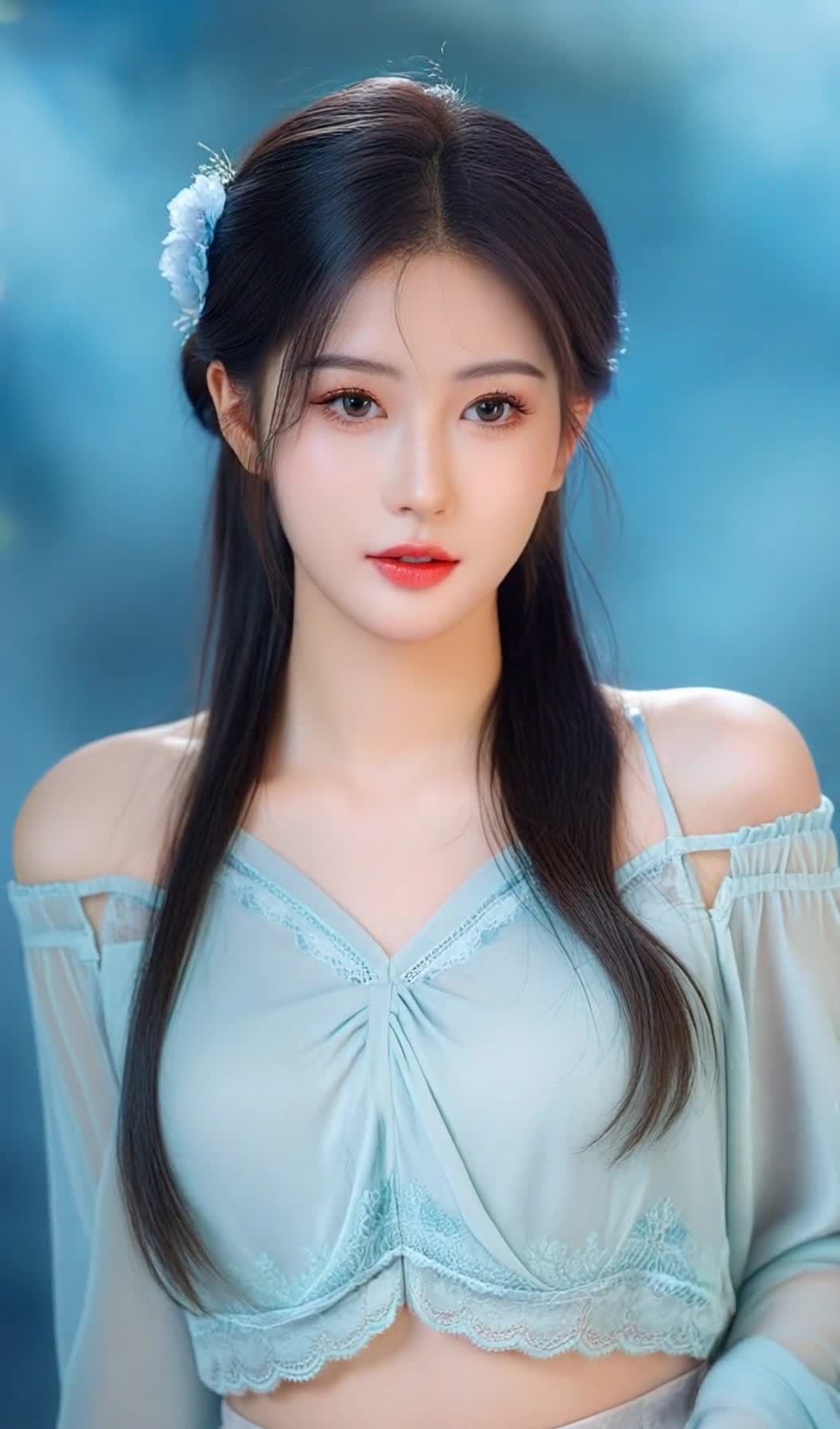 身着浅蓝色衣裙的年轻女性肖像，长发蓝花装饰。