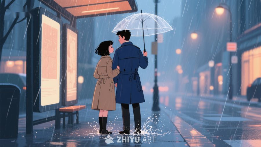 雨夜街头，伞下情侣温馨相伴 617