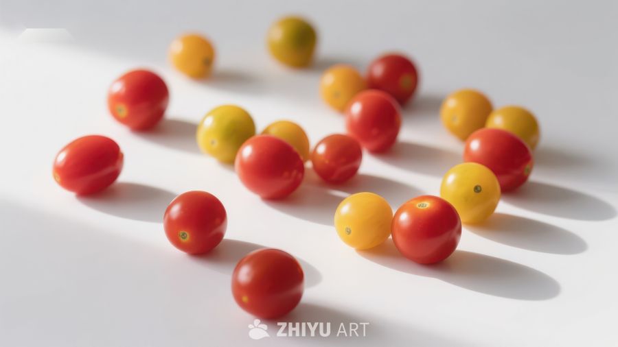 色彩斑斓的樱桃番茄散落桌面