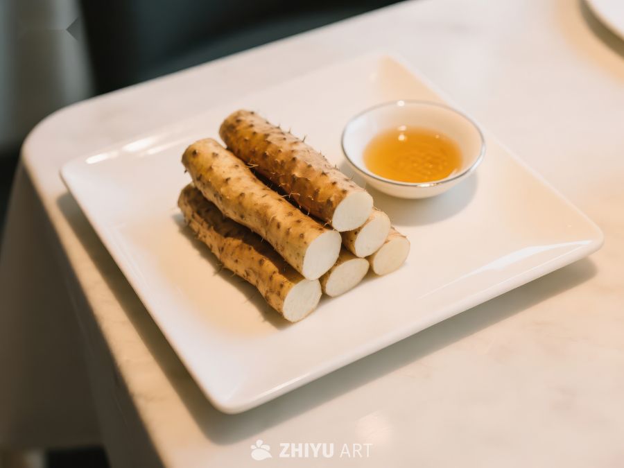白盘上的山药配蘸酱 3