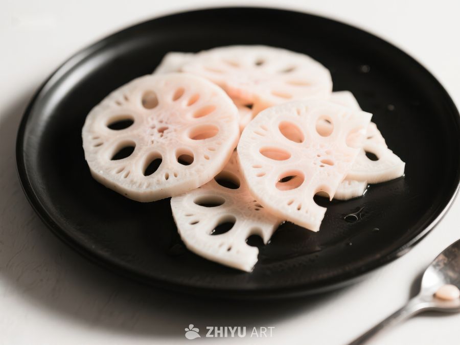 莲藕切片置于黑色盘中 497