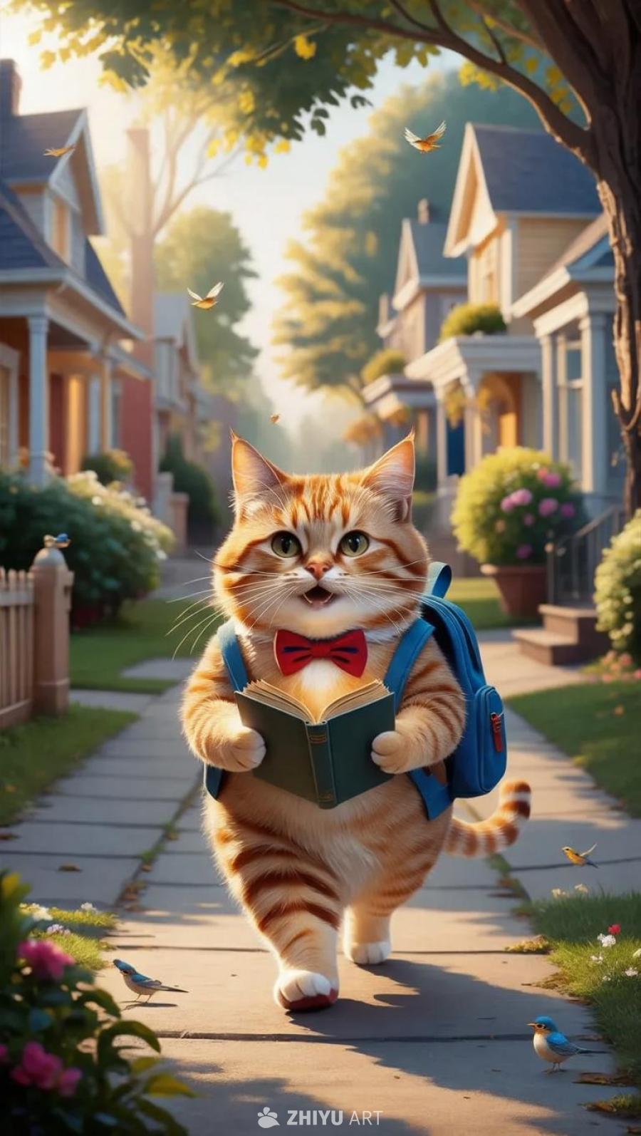 一只胖乎乎的橙色虎斑猫，身穿蓝色小背包和红色领结，