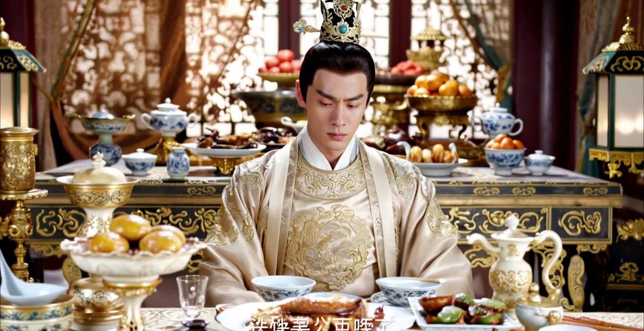 一位身着华服、头戴王冠的年轻男子坐在中式宴席前，神