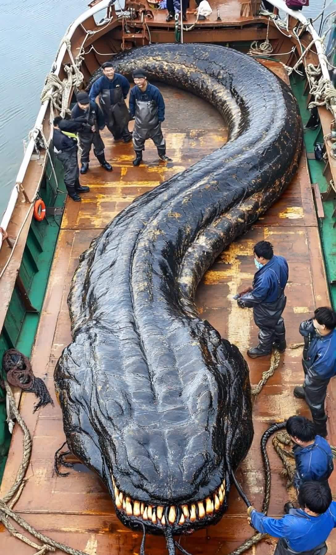 一条巨大的黑色的鱼类生物横卧在一艘木质甲板的船上。