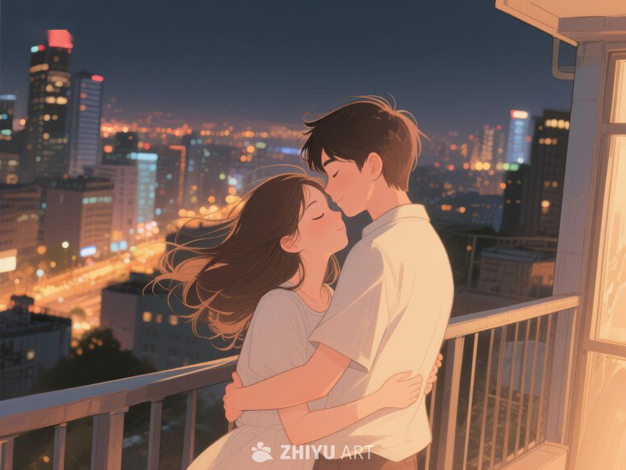 夜景阳台上的温馨拥抱 938