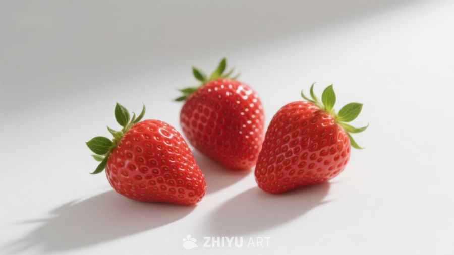 三颗新鲜草莓静置于明亮背景