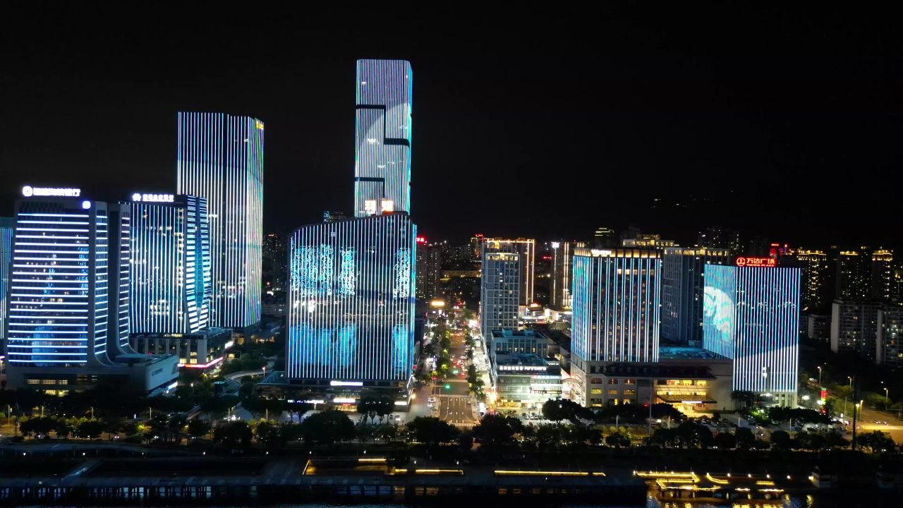 航拍福建福州金融街高楼夜景