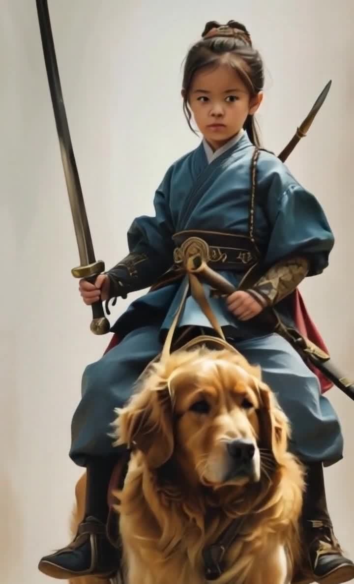 持剑长矛蓝衣小女孩骑金毛犬