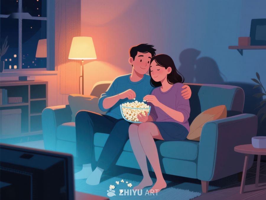 情侣夜晚沙发上看电视吃爆米花 539