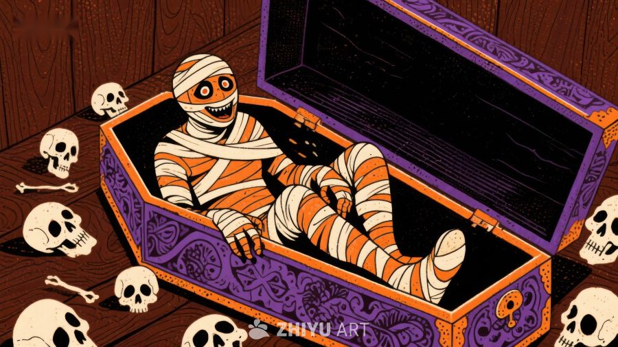 木乃伊躺在装饰棺材中