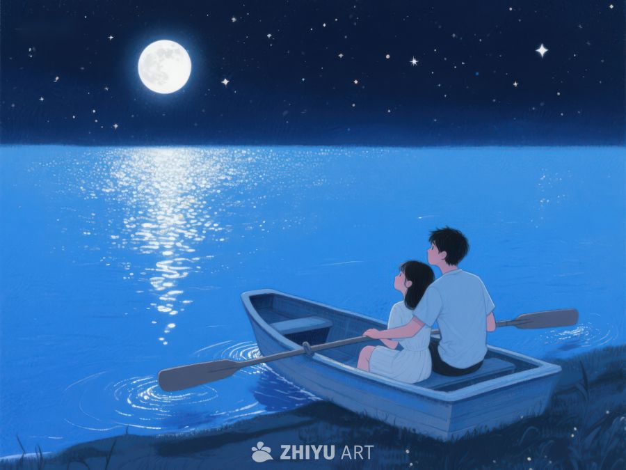 月下湖面，情侣划船 1130