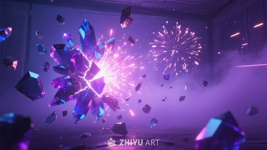 紫色水晶与烟花交织的梦幻场景 937