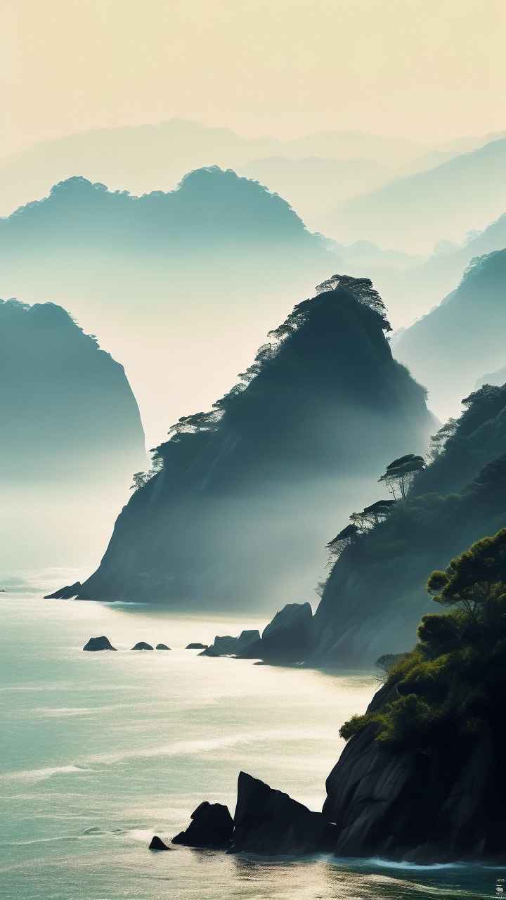 雾气缭绕大海山水画简约风格 28