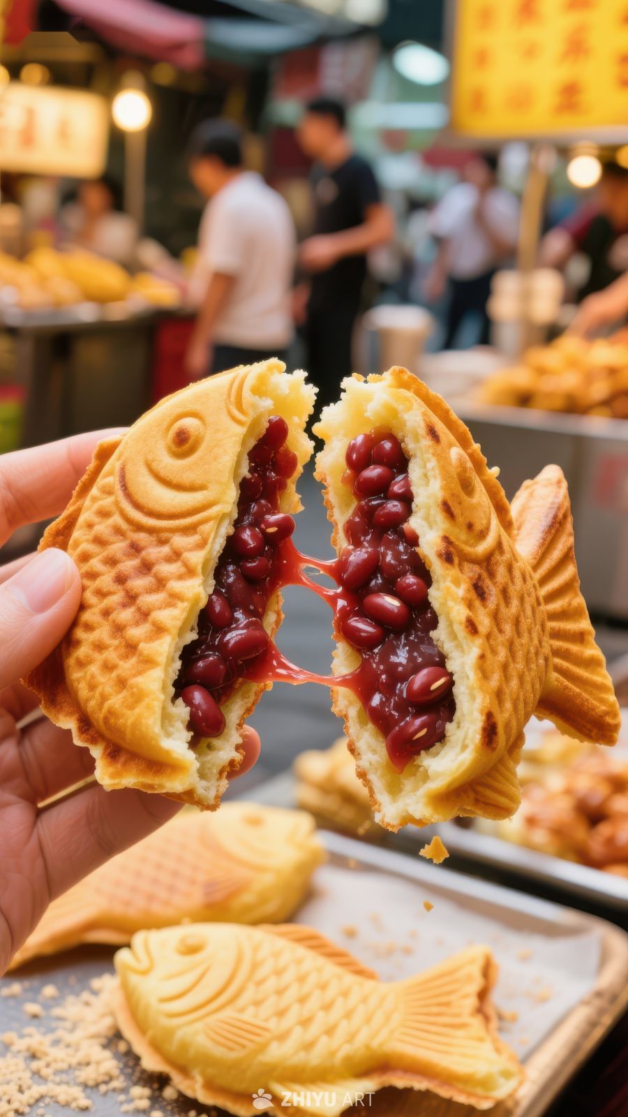 鱼形饼夹红豆馅，夜市美食诱人