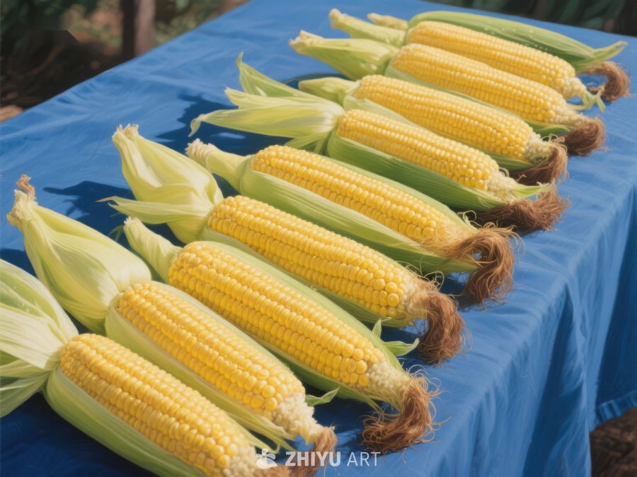新鲜玉米整齐排列在蓝色桌布上 781