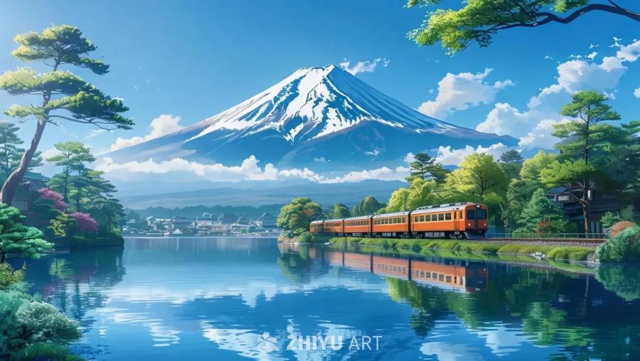 画面中呈现一座覆盖着白雪的山峰，天空湛蓝，漂浮着朵