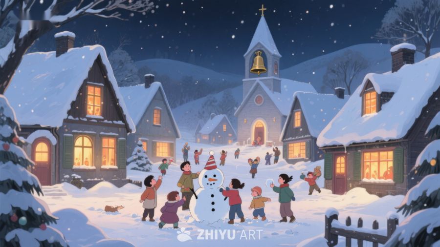 冬夜雪景中的欢乐堆雪人 118