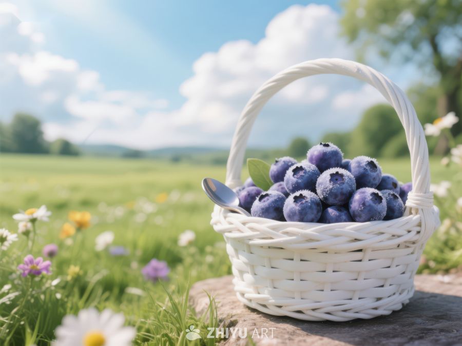 篮子里的蓝莓在阳光下的田野中 238