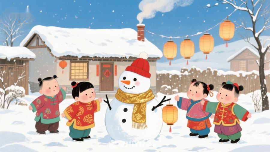 冬日雪景中孩子们与雪人欢庆 180