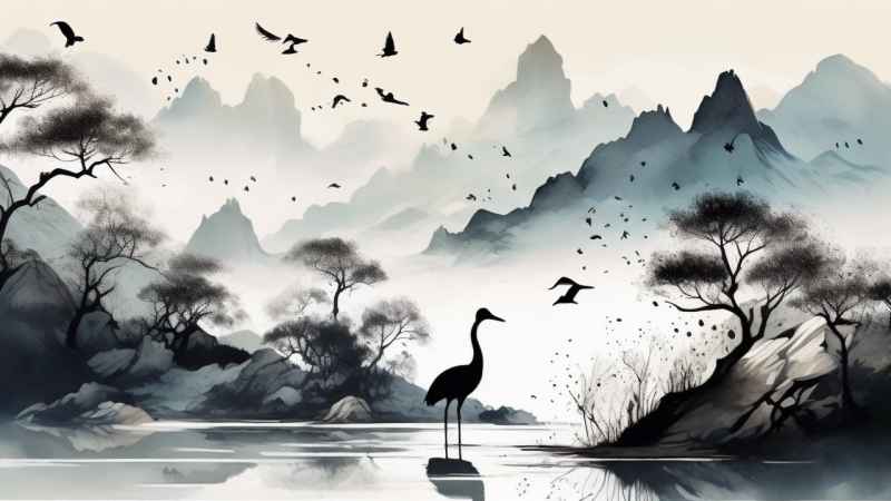 国风山水鹤插画背景 84