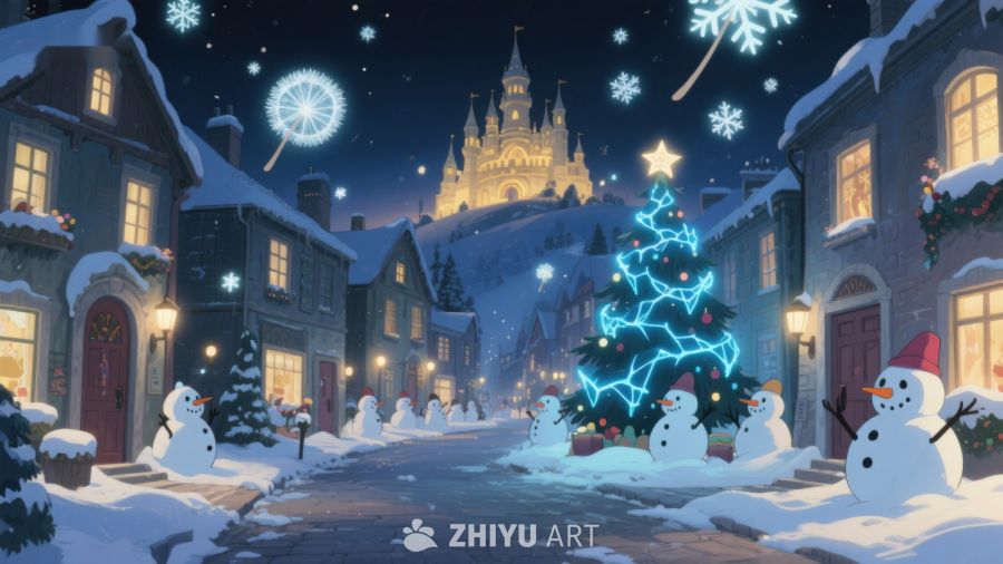 雪夜小镇的圣诞树与城堡 347