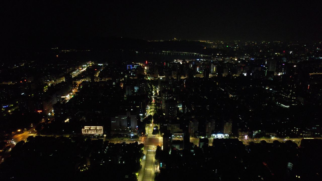 浙江杭州城市夜景灯光交通车两行驶航拍 
