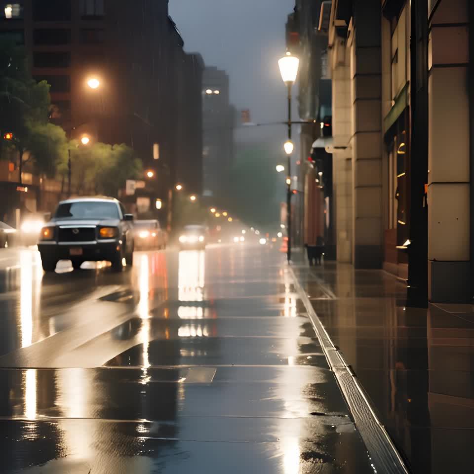夜晚的城市街道，雨水让路面变得光滑，街灯的温暖光芒