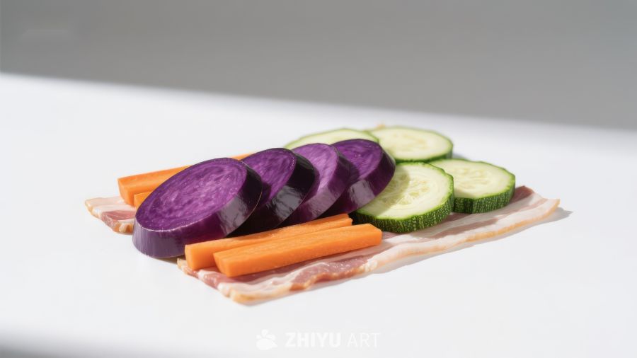 切片蔬菜与培根组合
