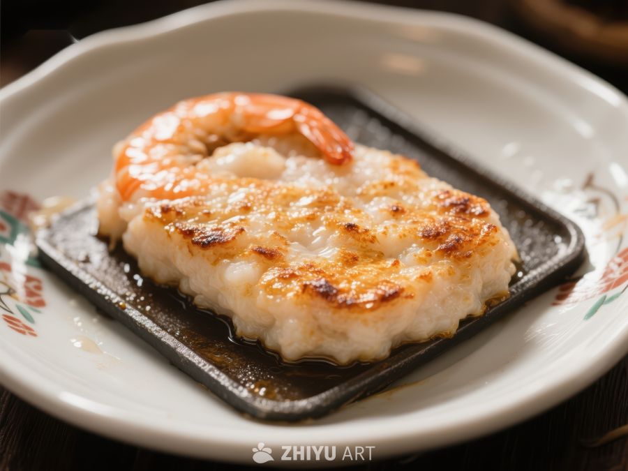 煎制虾仁糕点，金黄诱人