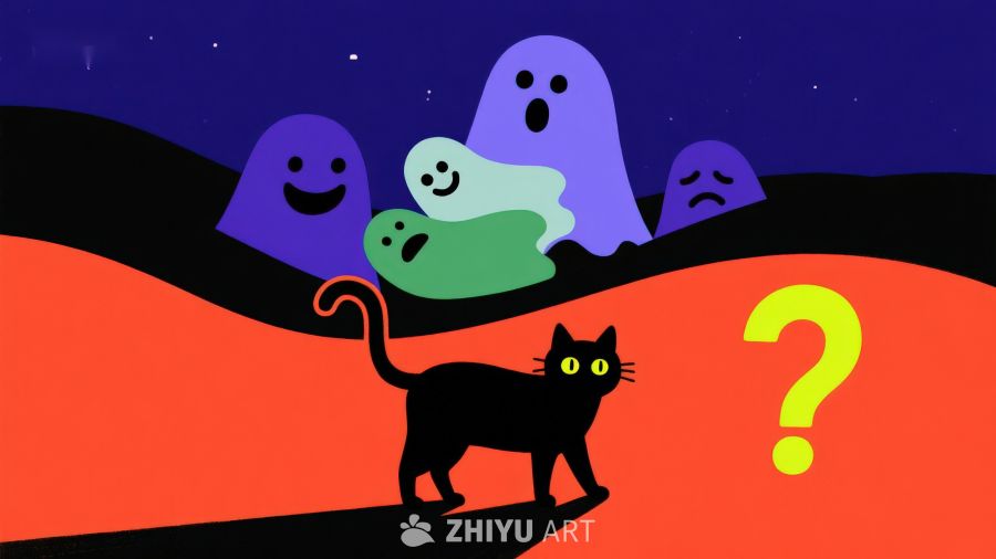 夜景中的黑猫与幽灵