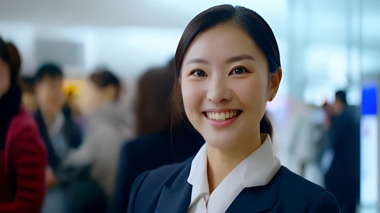 一名身穿深蓝色西装的女员工，面带微笑，站在中国电信