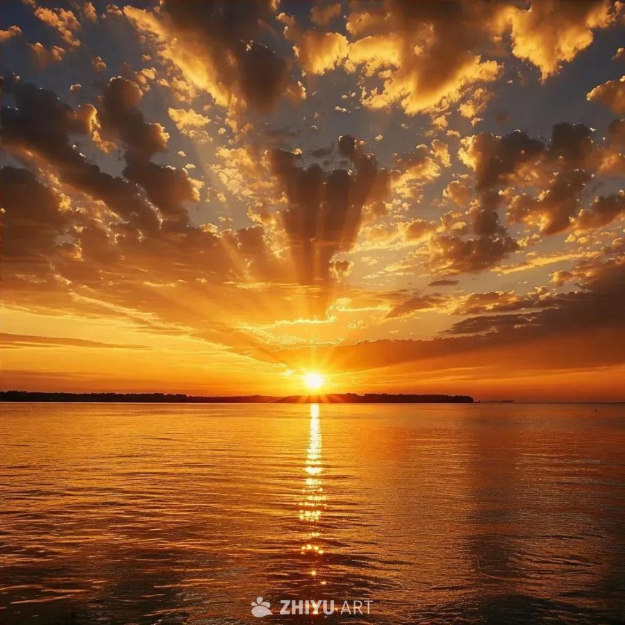 金色天空笼罩在温暖的夕阳余晖中。天空中点缀着金色和