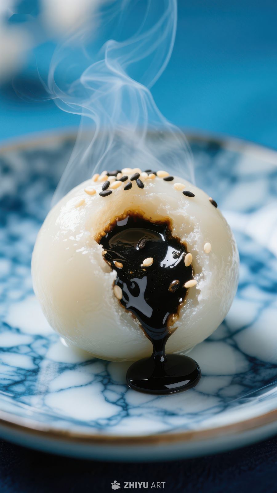 热腾腾的汤圆淋上浓郁酱汁