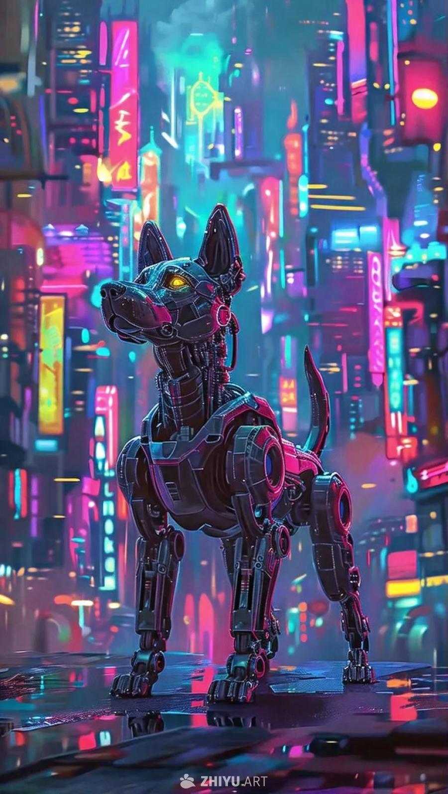 一幅油画风格的3D渲染图像，描绘了一个赛博朋克风格